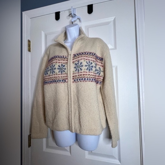 Tsunami Women’s Medium Wool Blend Snowflake Full Zip Sweater Top M Ivory Jacket - Picture 3 of 16